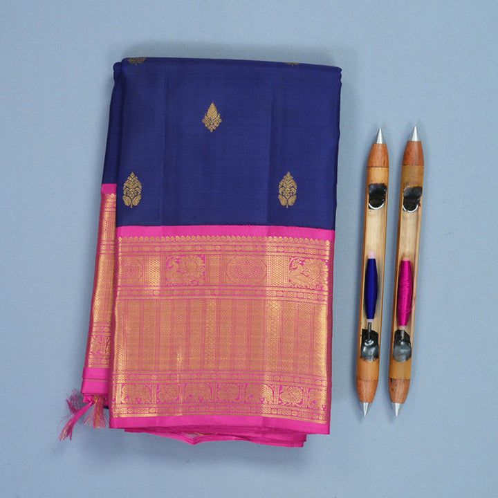 Hayagrivas Handloom Dark Blue Kanjivaram Silk Saree with Pink Border KBF211E8-1