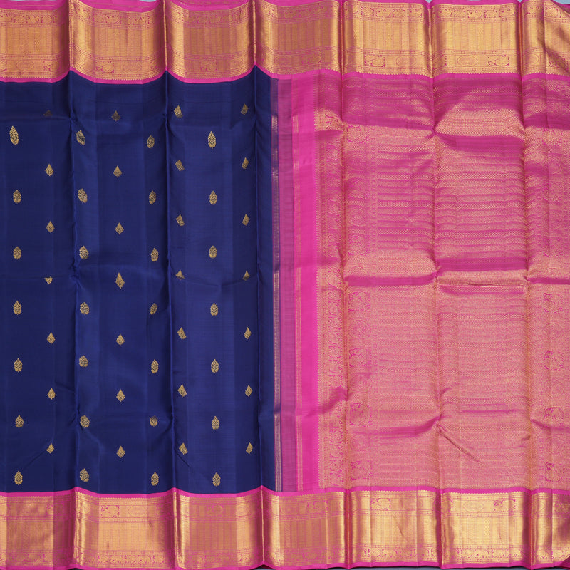 Hayagrivas Handloom Dark Blue Kanjivaram Silk Saree with Pink Border KBF211E8-1