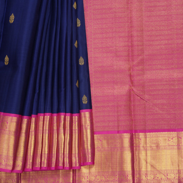 Hayagrivas Handloom Dark Blue Kanjivaram Silk Saree with Pink Border KBF211E8-1