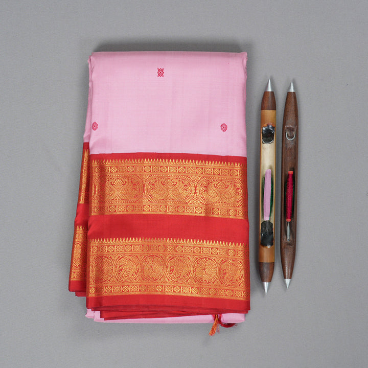 Hayagrivas Handloom Rose Pink Kanjivaram Silk Saree with Red Border KBF213E1-1