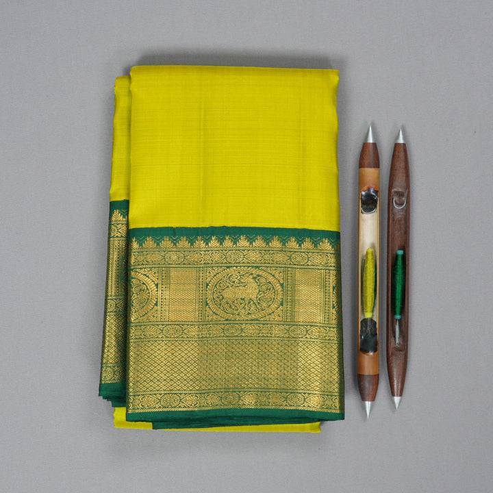 Hayagrivas Handloom Lemon Yellow Kanjivaram Silk Saree with Bottle Green Border KBF213E2-1
