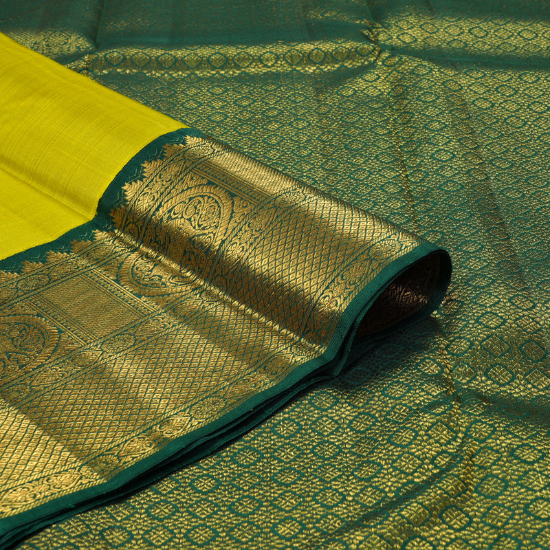 Hayagrivas Handloom Lemon Yellow Kanjivaram Silk Saree with Bottle Green Border KBF213E2-1