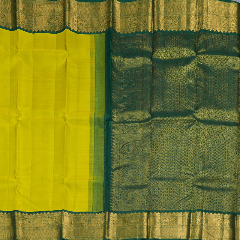 Hayagrivas Handloom Lemon Yellow Kanjivaram Silk Saree with Bottle Green Border KBF213E2-1