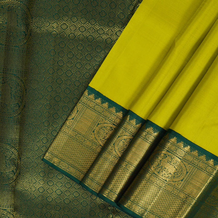 Hayagrivas Handloom Lemon Yellow Kanjivaram Silk Saree with Bottle Green Border KBF213E2-1