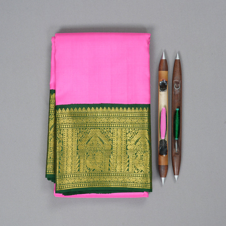 Hayagrivas Handloom Rose Pink Kanjivaram Silk Saree with Bottle Green Border KBF213E2-3