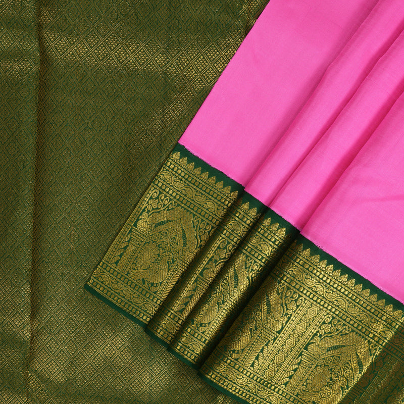 Hayagrivas Handloom Rose Pink Kanjivaram Silk Saree with Bottle Green Border KBF213E2-3