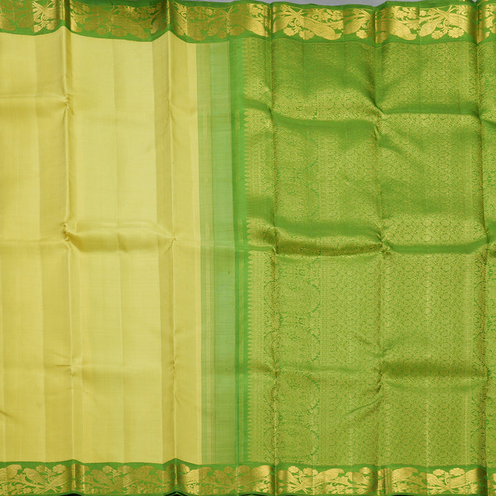 Hayagrivas Handloom Mild Yellow Kanjivaram Silk Saree with Leaf Green Border KBF213E3-1