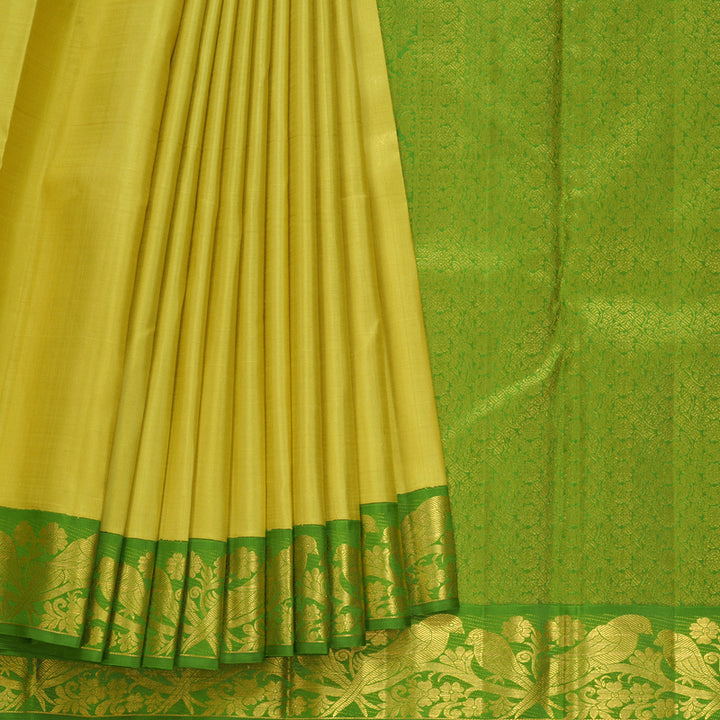 Hayagrivas Handloom Mild Yellow Kanjivaram Silk Saree with Leaf Green Border KBF213E3-1