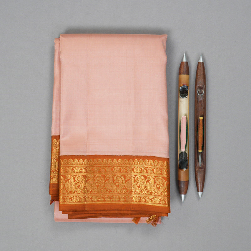 Hayagrivas Handloom Mild Peach Kanjivaram Silk Saree with Rust Orange KBF213E3-2