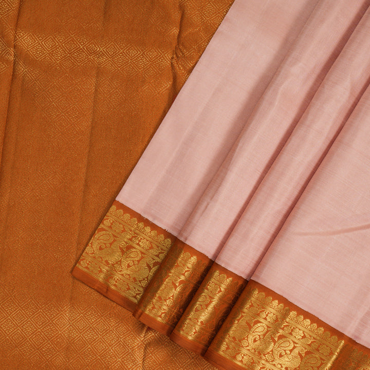 Hayagrivas Handloom Mild Peach Kanjivaram Silk Saree with Rust Orange KBF213E3-2