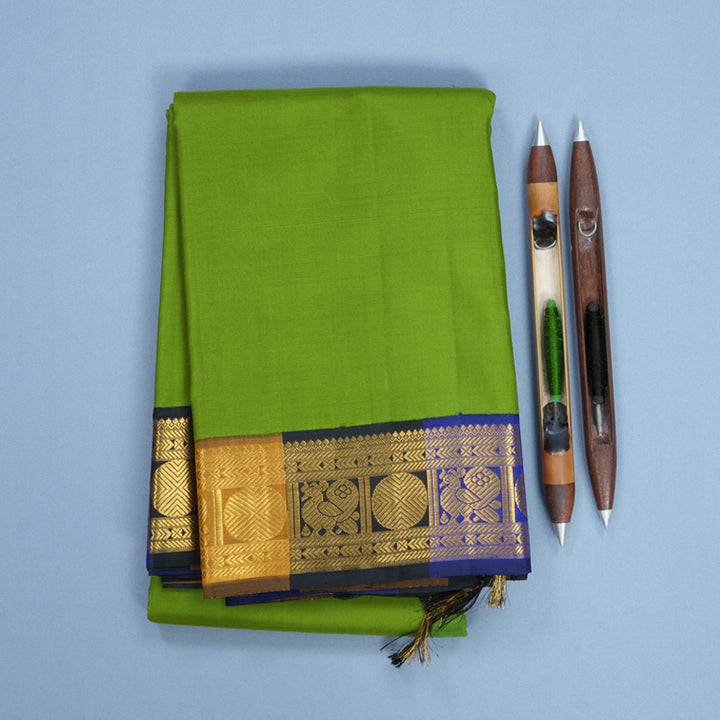 Hayagrivas Handloom Parrot Green Kanjivaram Silk Saree with Multicolour Border KBF213E4-1