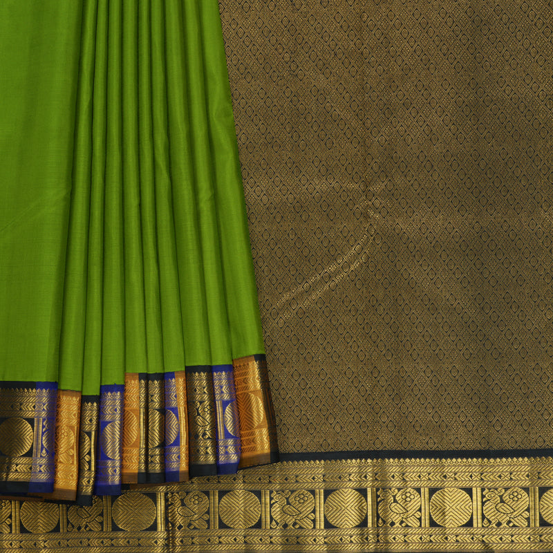 Hayagrivas Handloom Parrot Green Kanjivaram Silk Saree with Multicolour Border KBF213E4-1