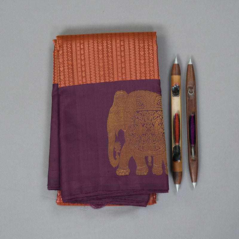 Hayagrivas Handloom Rust Kanjivaram Silk Saree with Plum Purple Border KBF213E6-1
