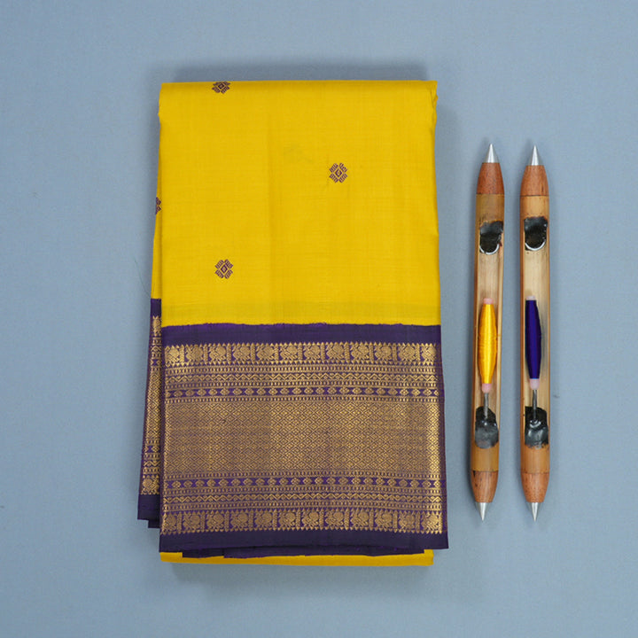 Hayagrivas Handloom Yellow Kanjivaram Silk Saree with Brinjal Purple Border KBF214E12-1
