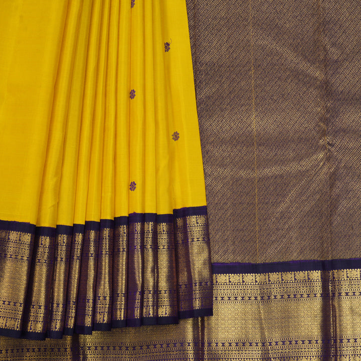 Hayagrivas Handloom Yellow Kanjivaram Silk Saree with Brinjal Purple Border KBF214E12-1