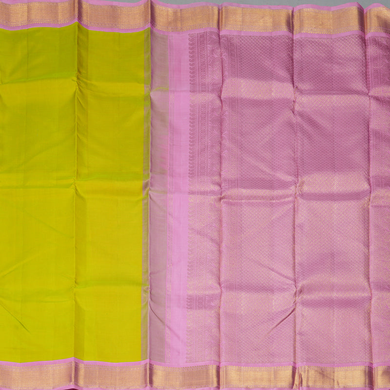 Hayagrivas Handloom Lime Green Kanjivaram Silk Saree with Rose Pink Border KBF214E8-1