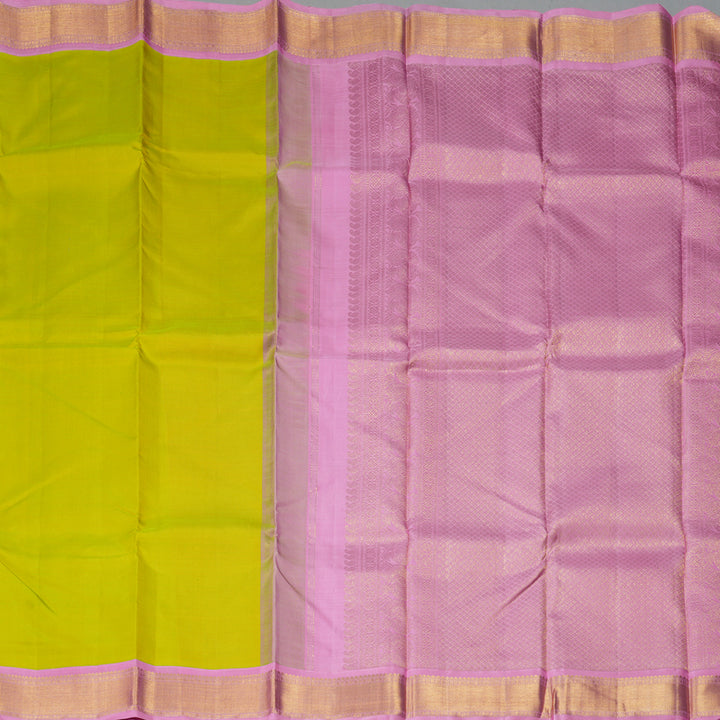 Hayagrivas Handloom Lime Green Kanjivaram Silk Saree with Rose Pink Border KBF214E8-1
