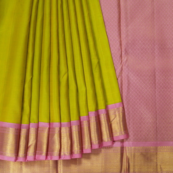 Hayagrivas Handloom Lime Green Kanjivaram Silk Saree with Rose Pink Border KBF214E8-1