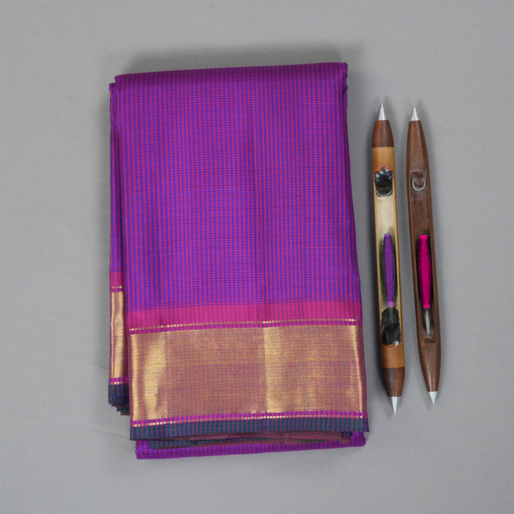 Hayagrivas Handloom Purple & Blue Podi Checks Kanjivaram Silk Saree with Pink Border KBF215E1-1