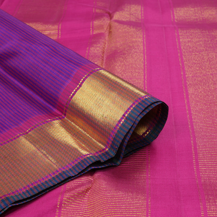 Hayagrivas Handloom Purple & Blue Podi Checks Kanjivaram Silk Saree with Pink Border KBF215E1-1