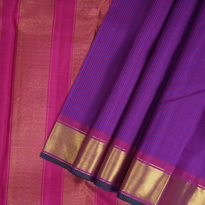 Hayagrivas Handloom Purple & Blue Podi Checks Kanjivaram Silk Saree with Pink Border KBF215E1-1