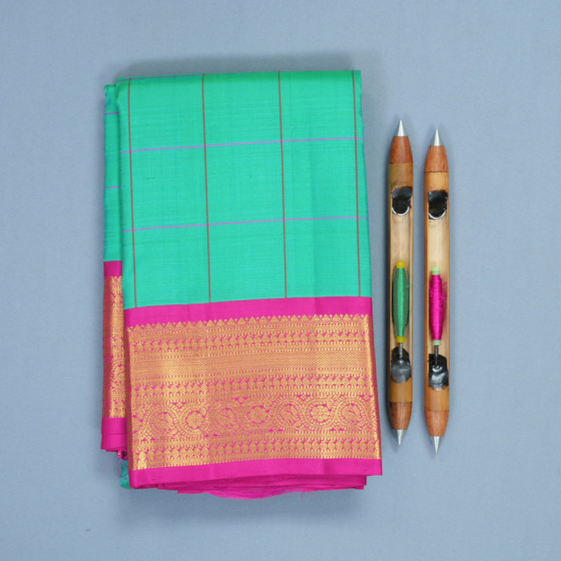 Hayagrivas Handloom Aqua Green Kanjivaram Silk Saree with Pink Border KBF215E12-1