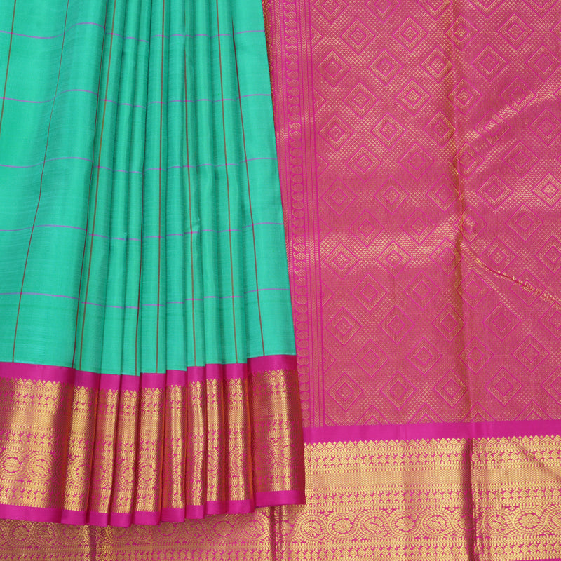 Hayagrivas Handloom Aqua Green Kanjivaram Silk Saree with Pink Border KBF215E12-1