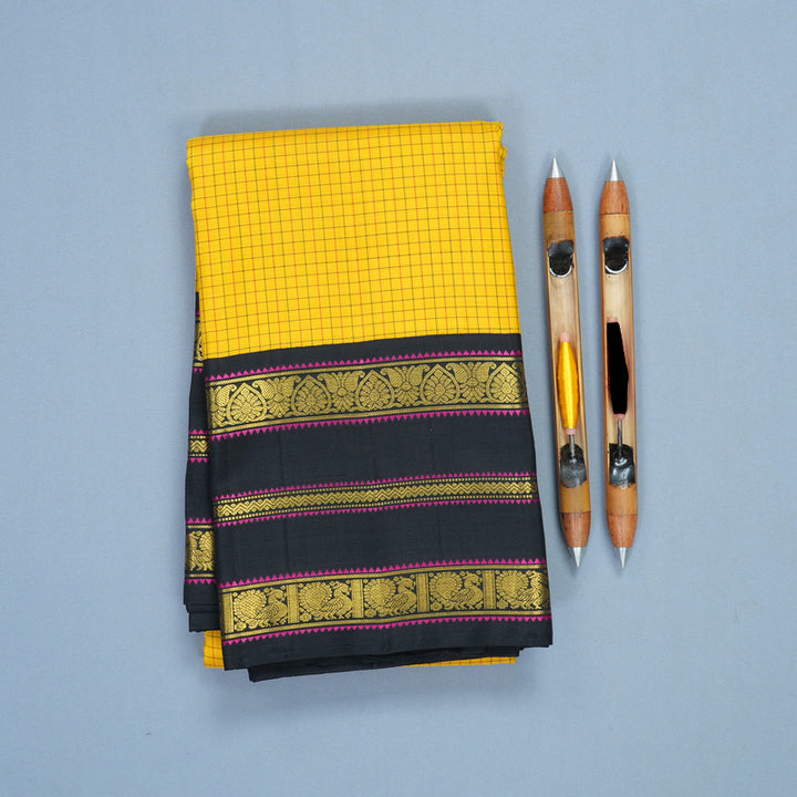 Hayagrivas Handloom Yellow Kanjivaram Silk Saree with Black Border KBF215E14-1