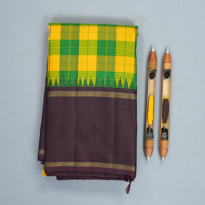 Hayagrivas Handloom Multicolour Checks Kanjivaram Silk Saree with Deep Wine Border KBF215E7-1