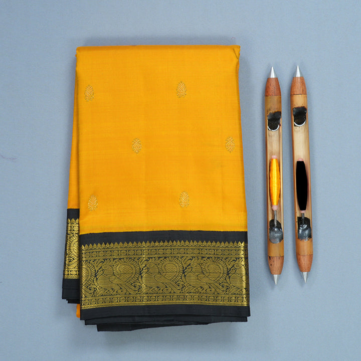Hayagrivas Handloom Yellow Kanjivaram Silk Saree with Black Border KBF215E8-1