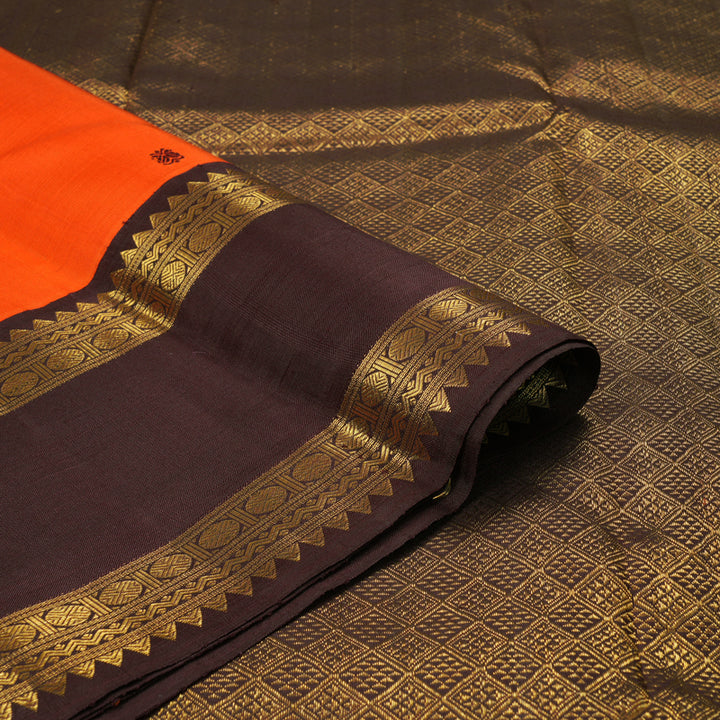 Hayagrivas Handloom Orange Kanjivaram Silk Saree with Dark Brown Border KBF216E1-1