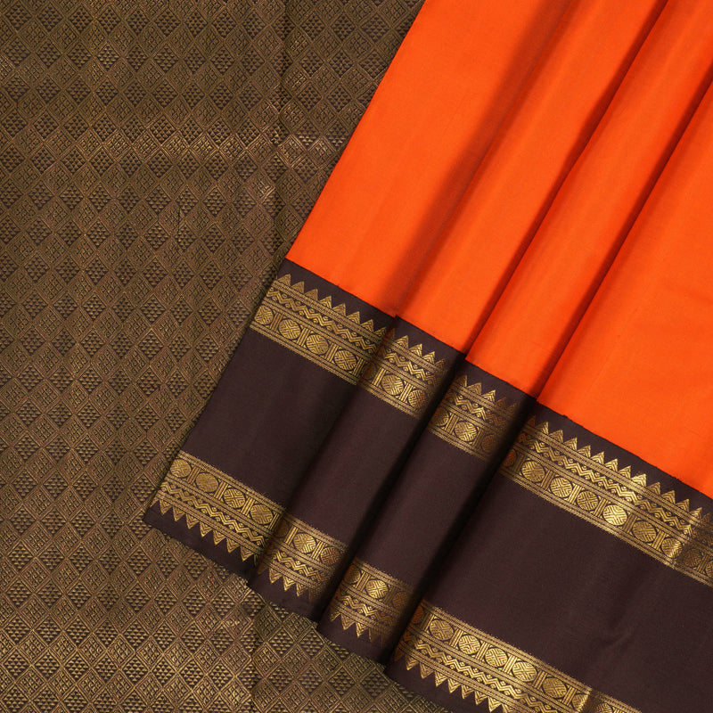 Hayagrivas Handloom Orange Kanjivaram Silk Saree with Dark Brown Border KBF216E1-1