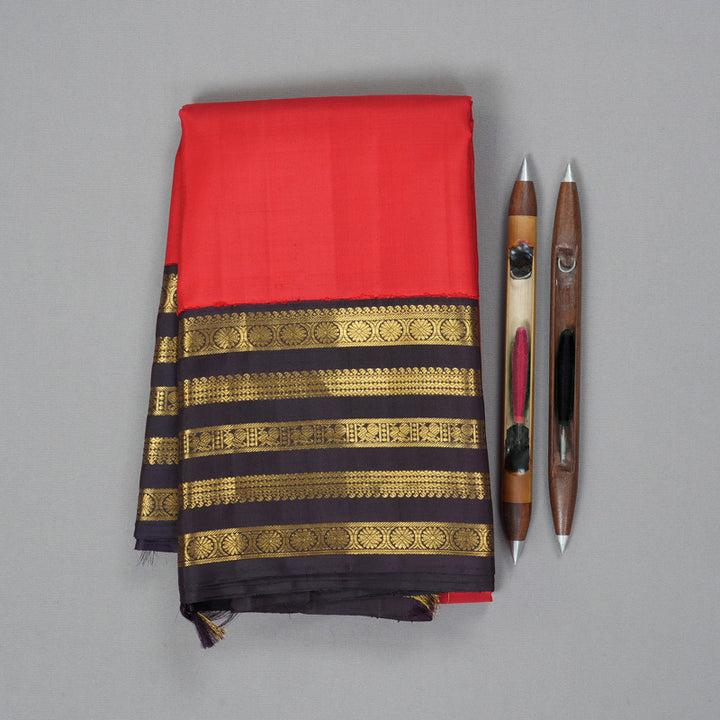 Hayagrivas Handloom Reddish-Orange Kanjivaram Silk Saree with Kanchana Brown KBF216E7-1