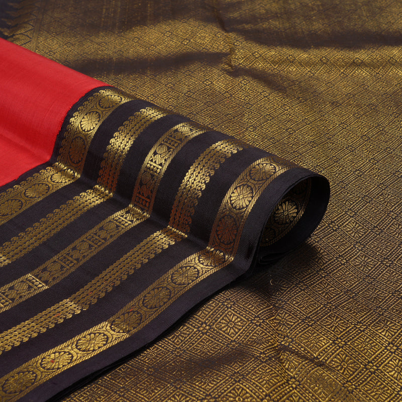 Hayagrivas Handloom Reddish-Orange Kanjivaram Silk Saree with Kanchana Brown KBF216E7-1