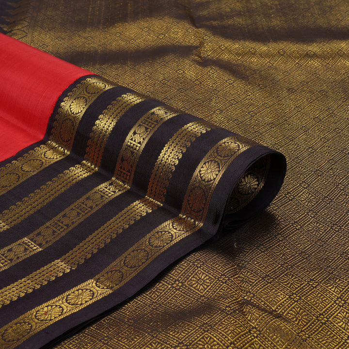 Hayagrivas Handloom Reddish-Orange Kanjivaram Silk Saree with Kanchana Brown KBF216E7-1