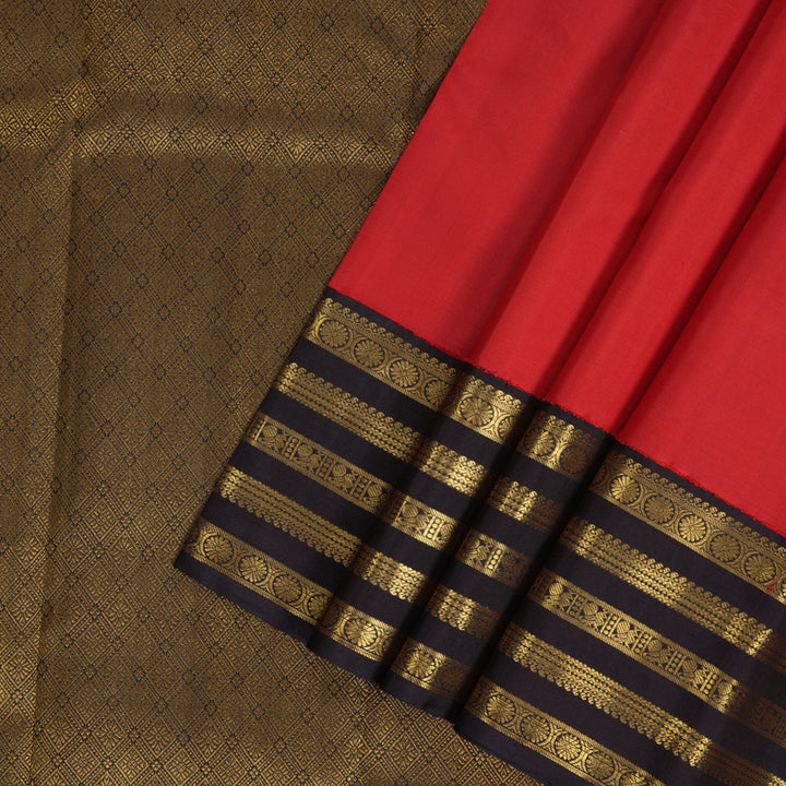 Hayagrivas Handloom Reddish-Orange Kanjivaram Silk Saree with Kanchana Brown KBF216E7-1