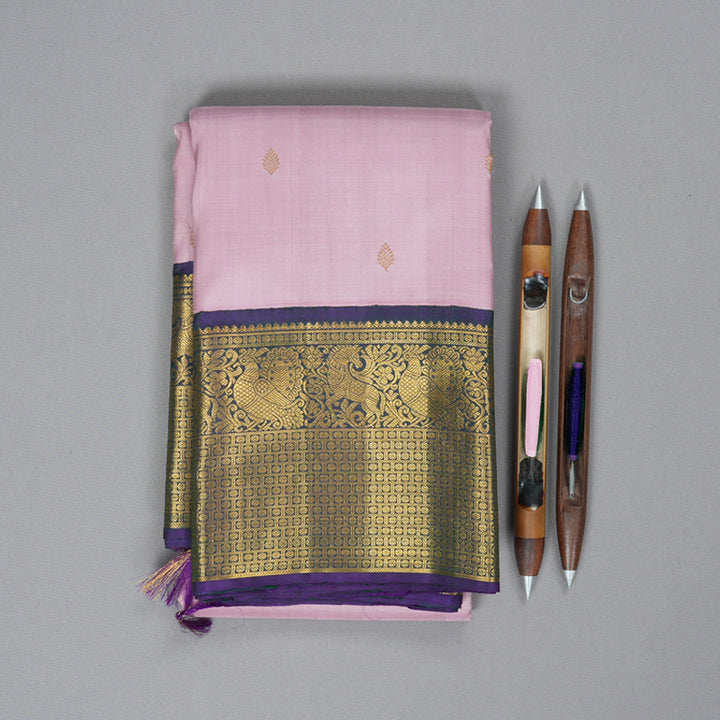 Hayagrivas Handloom Baby Pink Kanjivaram Silk Saree with Peacock Blue Border KBF217E1-1