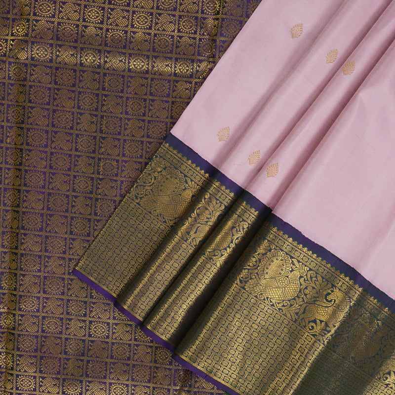 Hayagrivas Handloom Baby Pink Kanjivaram Silk Saree with Peacock Blue Border KBF217E1-1