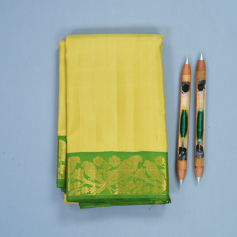 Hayagrivas Handloom Muted Yellow Kanjivaram Silk Saree with Leaf Green Border KBF217E4-1