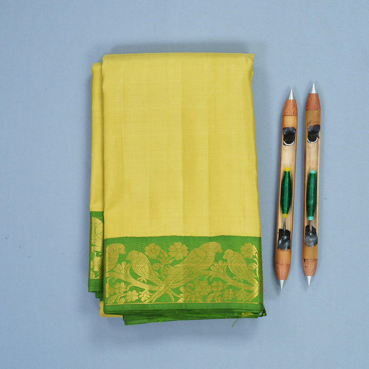Hayagrivas Handloom Muted Yellow Kanjivaram Silk Saree with Leaf Green Border KBF217E4-1