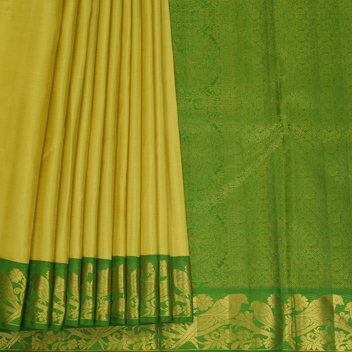 Hayagrivas Handloom Muted Yellow Kanjivaram Silk Saree with Leaf Green Border KBF217E4-1