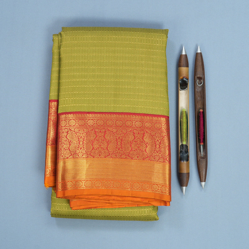 Hayagrivas Handloom Sage Green Kanjivaram Silk Saree with Red &amp; Orange Border KBF217E5-1