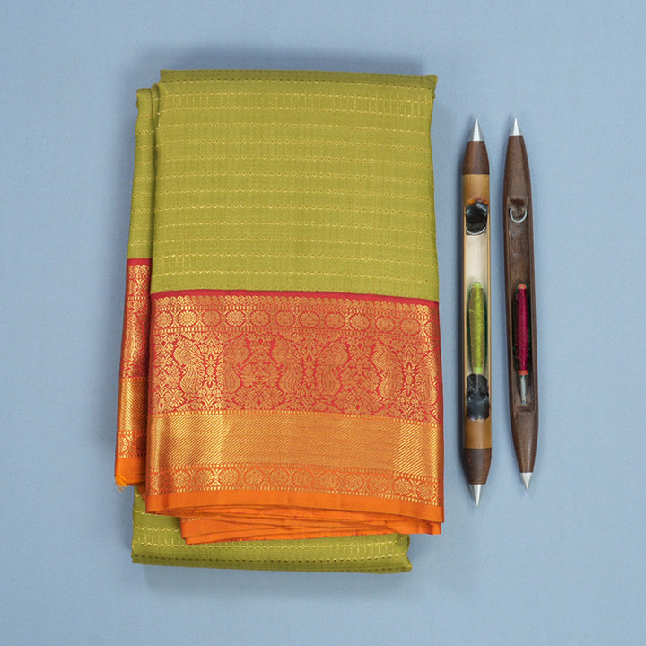 Hayagrivas Handloom Sage Green Kanjivaram Silk Saree with Red &amp; Orange Border KBF217E5-1