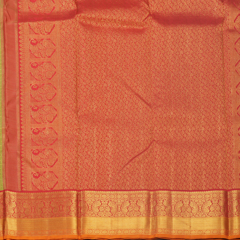 Hayagrivas Handloom Sage Green Kanjivaram Silk Saree with Red &amp; Orange Border KBF217E5-1