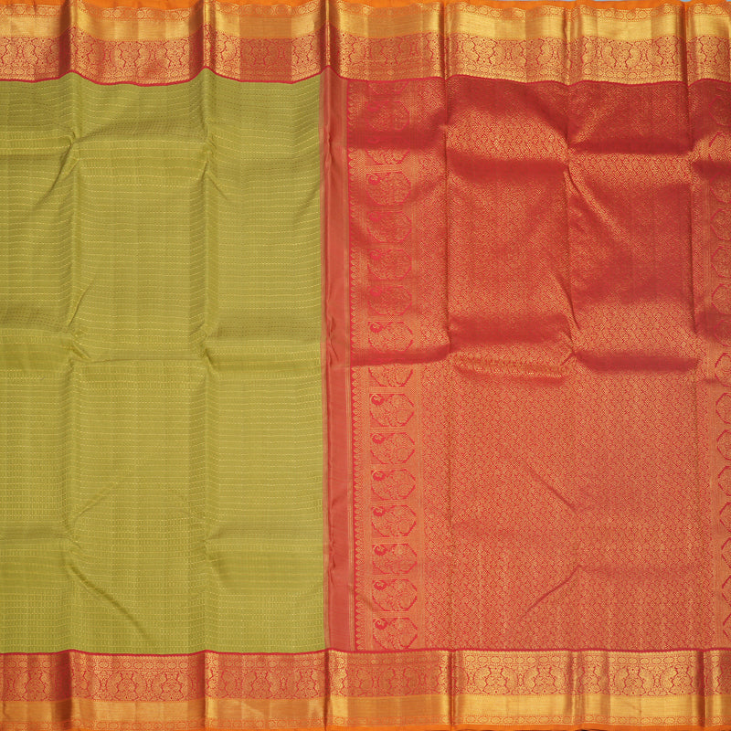 Hayagrivas Handloom Sage Green Kanjivaram Silk Saree with Red &amp; Orange Border KBF217E5-1