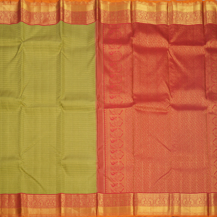 Hayagrivas Handloom Sage Green Kanjivaram Silk Saree with Red &amp; Orange Border KBF217E5-1