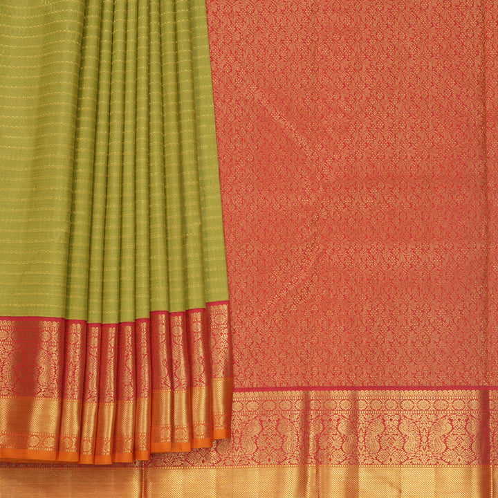 Hayagrivas Handloom Sage Green Kanjivaram Silk Saree with Red &amp; Orange Border KBF217E5-1