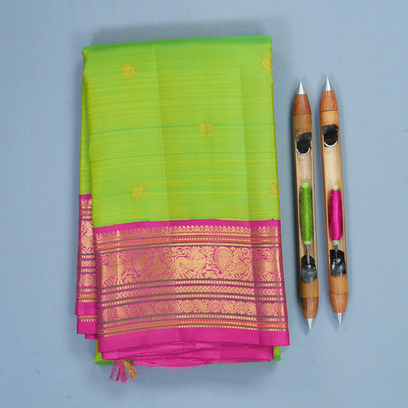 Hayagrivas Handloom Fluorescent Green Kanjivaram Silk Saree with Rani Pink Border KBF219E1-1