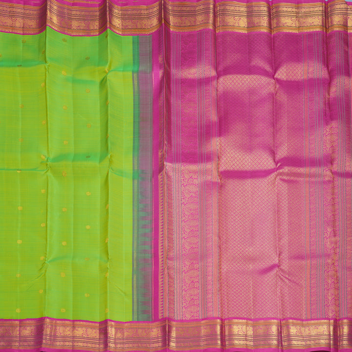 Hayagrivas Handloom Fluorescent Green Kanjivaram Silk Saree with Rani Pink Border KBF219E1-1