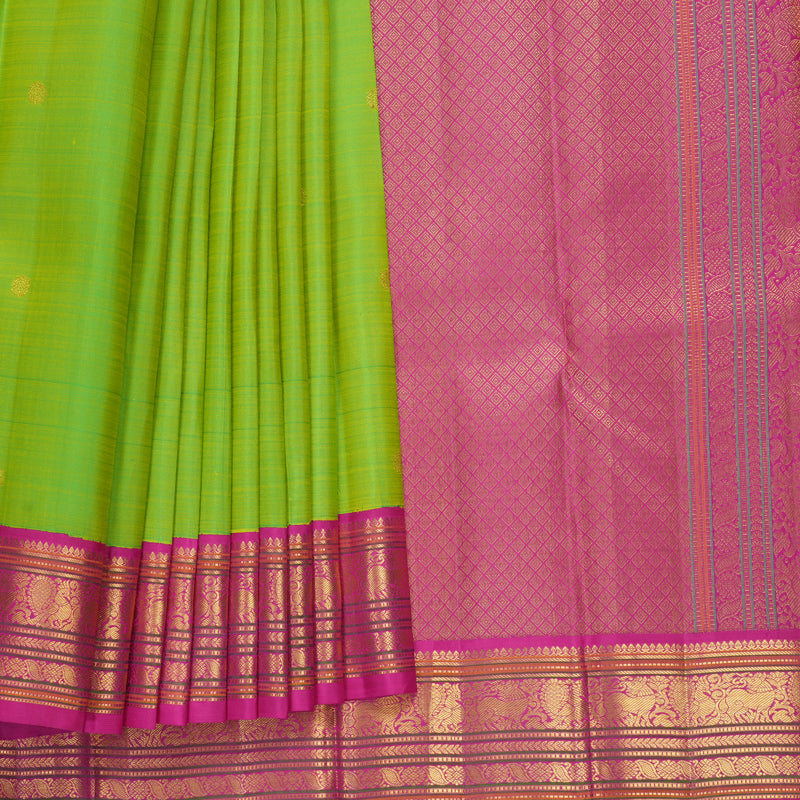 Hayagrivas Handloom Fluorescent Green Kanjivaram Silk Saree with Rani Pink Border KBF219E1-1